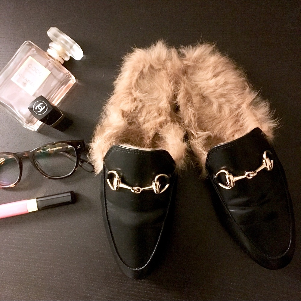 Genuine Rabbit Fur horse-bit Mule Loafers